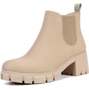 Women's Chelsea Boots‎ - Comfortable Lug Sole Slip-On Ankle Booties, Nude